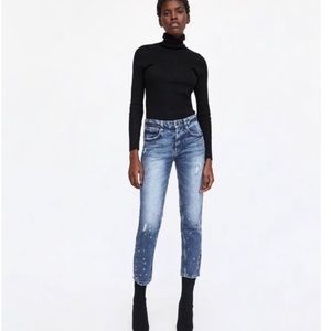 Zara Jeans Trf Trafaluc Denim Straight Leg Cigarette Jeans with Metal Stars